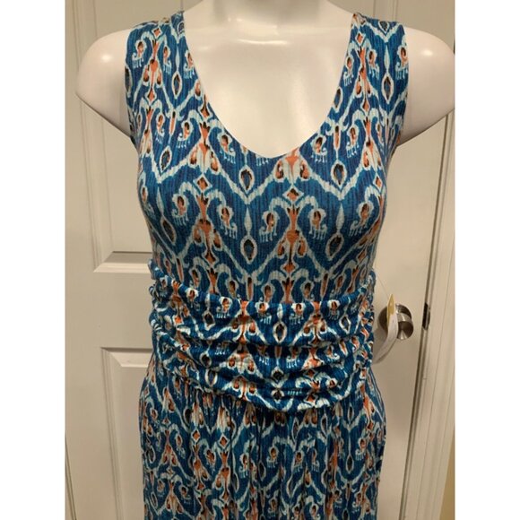 Vanessa Virginia Blue White Orange Geometric Long Maxi Dress Size Medium Petite - Picture 2 of 7